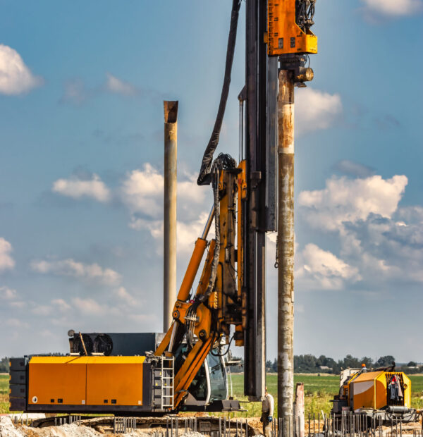 Powerful hydraulic drilling rig at a construction site. The device of pile foundations. Bored piles. Heavy construction equipment